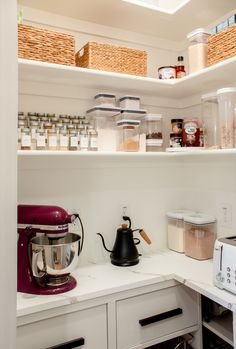 an organized pantry with coffee maker, blender, and other items on the shelves