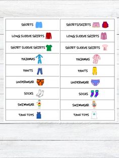 the long sleeved shirts and shorts are shown in this printable worksheet