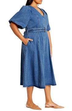 Elevate your office-casual look in this denim midi designed with a belted waist and airy flutter sleeves. 47" length Hidden back-zip closure V-neck Short sleeves Removable belt Unlined 100% cotton Machine wash, line dry Imported Denim Midi Dress, Mid Dresses, Office Casual, City Chic, Flutter Sleeves, Nordstrom Dresses, Flutter Sleeve, Casual Looks, Top Brands