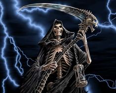 a skeleton holding a sculler in his hand and lightning behind him is the sky