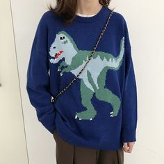 Korean Fashion Grunge, Korean Fashion Women Dresses, Dinosaur Sweater, Korean Fashion Fall, Korean Fashion Winter, Korean Fashion Summer, Korean Fashion Casual, Dinosaur Pattern, Cartoon Dinosaur