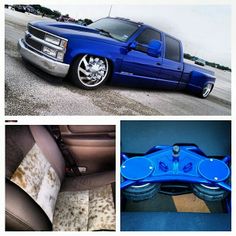 four different pictures show the interior and exterior of a blue pick - up truck with wheels