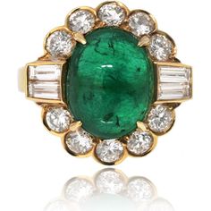 Van Cleef & Arpels 18K Yellow Gold Cabochon Emerald Ring with Round and Baguette Diamonds - 6.08 Carats Emerald with Diamond Accents Luxury Yellow Gold Gemstone Cabochon, Luxury Diamond Cabochons For Wedding, Formal Hallmarked Diamond Cabochons, Luxury Multi-stone Cabochons For Formal Occasions, Luxury Multi-stone Oval Cabochons, Yellow Gold Diamond Cabochons Fine Jewelry, Luxury Diamond Cabochons For Formal Occasions, Luxury Green Cabochons, Luxury Yellow Gold Emerald Ring With Oval Cabochon