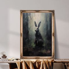 a painting of a rabbit sitting in the woods