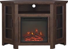 an entertainment center with a fire in the fireplace