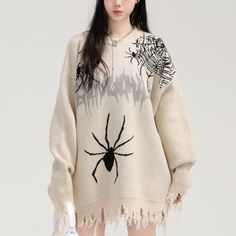 Description: Elevate your fall and winter wardrobe with our trendy Gothic Style Spider Knit Sweater! This oversized black sweater is designed with a unique blend of 43% polyester, 30% nylon, and 27% PBT (polybutylene terephthalate), ensuring comfortable and stylish wear. The design of our oversize knit sweater features a relaxed fit with spider and spider web pattern decorations, along with distressed details on the sleeves and hem, and a three-dimensional regular shoulder design, making it a fa Ripped Sweater, Oversized Black Sweater, Unique Jeans, Apricot Sweater, Sweatshirt Jean Jacket, Women Cargo Pants, Trendy Sweaters, Oversized Knitted Sweaters, Thick Sweaters