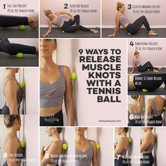 a woman doing exercises with tennis balls on her back and in the background, there are instructions for how to do it