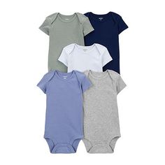 Crafted in snugly soft cotton with short sleeves and super cute prints, these bodysuits are perfect for stocking up.# Pieces In Set: 5Included: 5 Bodysuit(s)Features: Multi-PackClosure Type: SnapNeckline: Crew NeckSleeve Length: Short SleeveSleeve Style: Fitted SleeveFiber Content: 60% Cotton, 40% PolyesterFabric Description: RibCare: Machine Wash, Tumble DryCertifications And Listings: Oeko-Tex Standard 100Country of Origin: Imported Stretch Cotton Short Sleeve Bodysuit For Loungewear, Cotton Stretch Bodysuit For Playtime, Solid Color Short Sleeve Bodysuit For Playtime, Fitted Cotton Basic Onesie, Solid Short Sleeve Bodysuit For Playtime, Casual Blue Cotton Bodysuit, Blue Cotton Bodysuit For Loungewear, Blue Short Sleeve Bodysuit For Loungewear, Blue Fitted Cotton Bodysuit