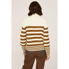 Off-white stripe knit (70% Acrylic, 30% Wool). Sweater. Long sleeves. Turtleneck. Pull on. 22.5" from shoulder to hemline. Imported. Knit Tops With Striped Cuffs For Winter, White Tops With Striped Hem For Fall, Fall Workwear Tops With Striped Hem, Striped Hem Tops For Workwear In Fall, Striped Hem Tops For Fall Workwear, Knit Tops With Striped Hem For Winter, White Striped Hem Top For Work, Striped Sweater For Work, Chic Fall Sweater With Striped Collar