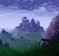 a painting of a castle in the middle of a field with rain falling down on it