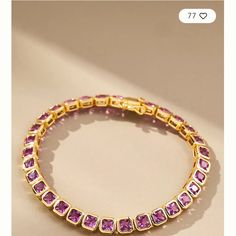 Pink Stones On Gold Frame. 14k Gold-Plated Brass, Cubic Zirconia. Great Alone Or For Layering Latch Closure 7"L Elegant Purple Tennis Bracelet, Elegant Purple Tennis Bracelet For Gift, Pink Stones, Anthropologie Jewelry, 2023 Collection, Stone Gold, Pink Stone, Tennis Bracelet, Gold Frame