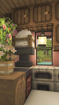 an image of a living room in the minecraft style with flowers on the window sill