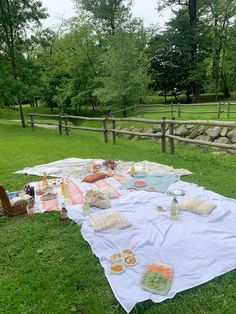 a picnic is set up on the grass in front of a wooden fence and trees