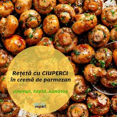 some food that is sitting on top of a plate with a spoon in it and the words referita cu cupreci in crema de parmezann, grana, rapide, rapido, sanitos