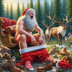 a painting of santa claus sitting on a chair surrounded by deer and other animals in the woods