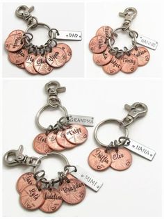 four different types of coin key chains with names and numbers on them, one is for each family member