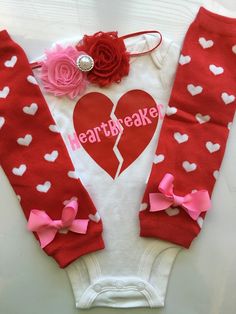 "*CURRENT PROCESSING TIME: 3-6 business days before shipment* Valentine's Baby clothes, baby valentines day outfit, valentines day infant clothing, my 1st Valentine's day, newborn girl valentine's day, Happy Valentine's Day baby, preemie valentine's day, children's valentines, toddler valentine's shirt, kids raglan Choose 1 or all 3 pieces (FULL set includes bodysuit, headband and legwarmers) CHOOSE FROM 1. Short OR long sleeved \"Heartbreaker\" bodysuit/shirt PLEASE NOTE: sizes 24 months and un Baby Valentines Day, Baby Valentines Day Outfit, Toddler Valentine Shirts, Baby Valentines Outfit, Girls Valentines Outfit, Baby Valentines, Valentines Headband, Childrens Valentines