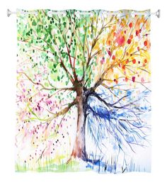 a watercolor painting of a tree with colorful leaves