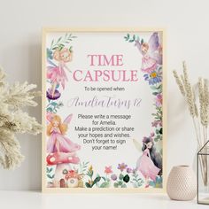 a pink and green fairy print with the words time capsule to be opened when an angel prayer