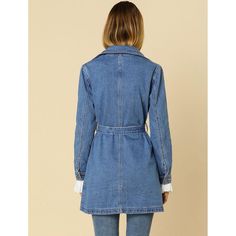 Add some elegance to your ensemble courtesy of this jacket that boasts a denim design and a long, flowing fit. It's cut with structured denim that has front pockets, a notched collar, and a belt at the waist. A wardrobe staple to see you through the season, it is an effortless look for any ensemble. Wear them on those tricky in-between-season days and pair them with straight-leg jeans and ankle boots. Spring Collared Denim Jacket, Spring Collared Denim Blue Jacket, Chic Denim Blue Button-up Outerwear, Spring Collared Denim Jacket With Buttoned Pockets, Medium Wash Button-up Outerwear For Day Out, Button-up Medium Wash Outerwear For Day Out, Chic Collared Denim Jacket, Chic Dark Wash Button-up Outerwear, Chic Collared Denim Jacket For Spring