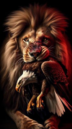 a lion holding an eagle on its back with red light coming from it's eyes