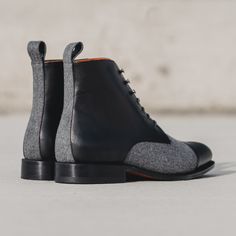 A modern twist on a classic military style. Stay sharp with this unique twist on our jumper boot. Features: Light Grey Flannel vamp and back Box Calf Black Zurigo traditional rounded toe Orange Leather Lining Old Silver Metal Grey Laces Black Outsole Leather Orange Sole Handcrafted with Passion Goodyear Welt Construction Can be Resoled Fitted Moto Boots For Winter Workwear, Fitted Ankle Chelsea Boots For Winter, Formal Winter Lace-up Boots With Rubber Sole, Goodyear Welted High-top Winter Boots, Leather Sole Boots For Workwear In Winter, Fitted Chelsea Boots With Rubber Sole, Cap Toe Boots For Winter Workwear, Fitted Cap Toe Lace-up Boots For Fall, Winter Workwear Boots With Leather Sole