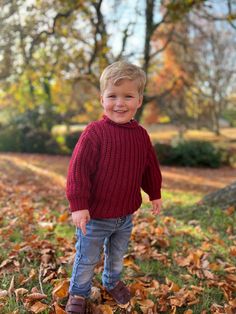 a little boy standing in leaves on the ground with his hands in his pockets and smiling at the camera