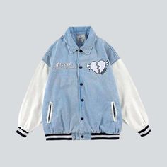 Elevate your edgy mode to the next level with our 2023 Spring-Summer Collection Broken Heart Embroidery Denim Jacket. This timelessly stylish piece features a classic bomber cut with beautiful embroidery and a buttoned front closure. Step out in confidence and make a bold statement no matter the occasion.Distinctive Features: Street Style: Look sharp and make a statement with this urban-style inspired piece. Bomber Silhouette: Take advantage of this timelessly fashionable style. perfect for any Spring College Outerwear With Patches, Trendy Blue Varsity Jacket With Letter Print, Embroidered Denim Outerwear For Streetwear, Trendy Cotton Denim Jacket With Patches, Trendy Patched Denim Jacket, Spring Long Sleeve Denim Jacket For College, Cotton Spring Outerwear For College, Spring Streetwear Outerwear With Embroidered Patch, Spring Cotton Long Sleeve Varsity Jacket