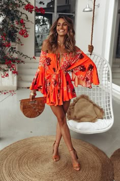 Boho Styl, Summer Vacation Outfits, Long Sleeve Print Dress, Printed Dress, Orange Dress, Women's Summer Fashion, Looks Vintage, Spring Summer Outfits, Summer Dresses For Women