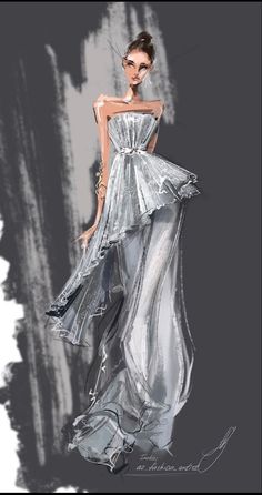 a drawing of a woman in a silver dress