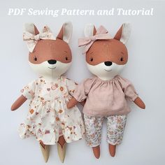 two stuffed animals are sitting next to each other on a white background with the words pdf sewing pattern and tutorial written below