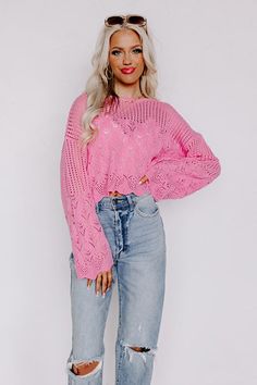 Good Weather Knit Top In Pink • Impressions Online Boutique Good Weather, Closet Needs, Loose Sleeves, Trendy Top, Loose Knit, Trendy Tops, Hip Length, Distressed Jeans, Online Boutique