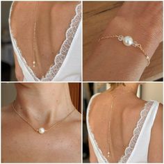 four pictures of the back of a woman's neck with pearls on it and gold chains