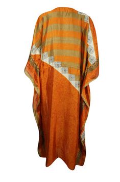 Women Boho Beach Kaftan, Tiger Orange Silk Maxi Kaftan L-2X The Bohemian Summer Caftan, handmade from recycled silk saris is ideal for vacations or resort days. This relaxed kimono-style maxi dress is a combination of casual luxury and eco-conscious fashion. Featuring an adjustable drawstring waist and crafted from recycled materials, these boho dresses are great housedresses or versatile beach cover-ups. With the surge in popularity of boho weddings set against natural backdrops, the comfortabl Festive Silk Kaftan For Beach, Silk Kaftan For Festive Vacation, Festive Silk Kaftan For Vacation, Orange Kaftan For Beach Cover-up, Orange V-neck Kaftan For The Beach, Red V-neck Beach Kaftan, Multicolor Flowy V-neck Kaftan, Bohemian Chic Style, Summer Caftan