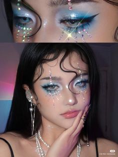 blue makeup with pearls, aqua style Fairy Douyin Makeup, Gothic Douyin Makeup, Pool Party Makeup, Winter Wonderland Makeup, Makeup With Pearls, Weird Costumes, Makeup Concert, Unique Makeup Looks, Grwm Aesthetic