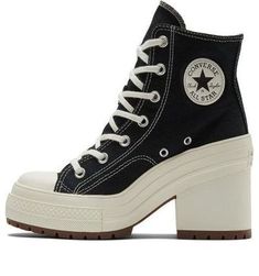 Converse Chuck 70 De Luxe Heel 'Black' A05347C (SNKR/Women's/High Top) High Heeled Converse, Prom Shoes Converse, Converse High Heels Outfits, Heeled Converse, High Heel Converse, Tenis Grunge, Converse Heel, Converse High Heels, Converse Boot