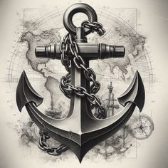 an anchor with chains and a world map in the background is drawn by pencil on paper