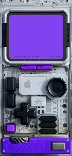 the back side of an electronic device with purple screen and other electronics in its plastic case