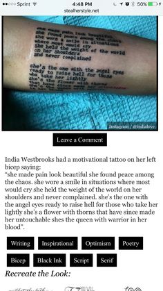 an article about tattoos on the arm with words written in black and white, above it is