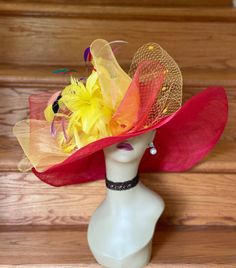 "✿*.Key Features.*✿ If you are looking for a floopy wide brim hat, here is it. It has magic brim, you can make any shape brim as you want by a steamer. Certainly it will keep its shape for long time. This is a very stunning and beautiful hat. You can see the detail! With matching crin, veil and special feather flower, mixed long feathers. It's a custom-made hat, if you want different color crin, veil, feather flower, please contact Anna. Great for Kentucky derby, weddings, church, Easter, Royal Yellow Mini Hats For Races At Royal Ascot, Yellow Mini Hat For Royal Ascot Races, Yellow Hat Headpieces For Kentucky Derby, Yellow Fascinator For Royal Ascot, Yellow Headpiece For Royal Ascot Races, Yellow Headpieces For Royal Ascot Races, Yellow Mini Hat With Short Brim For Kentucky Derby, Adjustable Yellow Hats For Kentucky Derby, Yellow Hat For Kentucky Derby