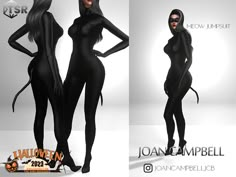 two different poses of a woman in black catsuits