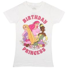 a white shirt that says birthday princess with two girls in the middle and one is wearing a tiara