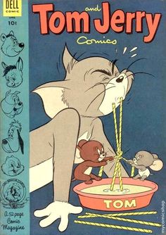 an old comic book with tom and jerry on it's cover, the cat is eating