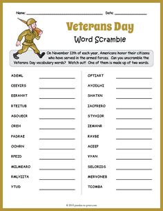 the veterans day word scramble is shown in this printable worksheet for kids