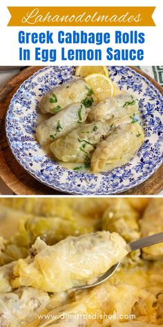 greek cabbage rolls in egg lemon sauce on a blue and white plate with a spoon