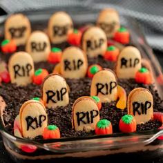 halloween treats are arranged in the shape of tombstones