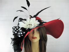 Red Black White Polka Dot Jeweled Flower Feather Kentucky Derby Church Dressy Wide Brim Straw Hat by BeyondSassyLLC on Etsy Kentucky Derby Hats Diy, Derby Hats Diy, Kentucky Derby Style, Derby Attire, Derby Fashion, Hot Pink Weddings, Floppy Straw Hat, Derby Outfits, Derby Hats Fascinators