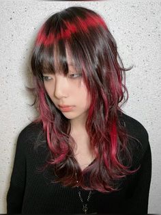 Dyed Hair Ideas For Brown Hair, Angel Rings Hairstyle, Black And Orange Peekaboo Hair, Layer Dyed Hair, Black Hair With Red Streaks Short, Red And Brown Dyed Hair, Color Block Hair Ideas Bangs, Dyed Underside Of Hair, Black And Red Emo Hair