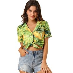 Great shirt to pair with shorts or jeans. Enjoy the summer with the help of the Hawaiian leaves printed shirt. Lend a touch of charm to your new season wardrobe with this shirt. Whether on carnivals, festivals, vacations, on the beach, or even at a theme party, you will certainly receive many compliments. Green Printed Short Sleeve Shirt For Spring, Green Collared Short Sleeve Shirt For Summer, Trendy Printed Hawaiian Shirt For Spring, Green Spring Camp Shirt, Spring Printed Green Camp Shirt, Summer Vacation Blouse With Button Closure, Green Printed Camp Shirt For Spring, Trendy Printed Short Sleeve Shirt For Spring, Summer Blouse With Button Closure