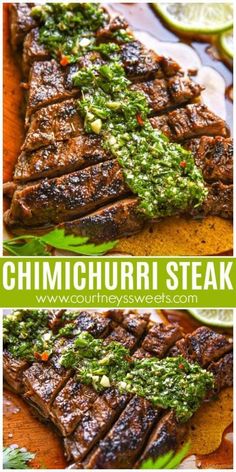 grilled steak with cilantro sauce on top